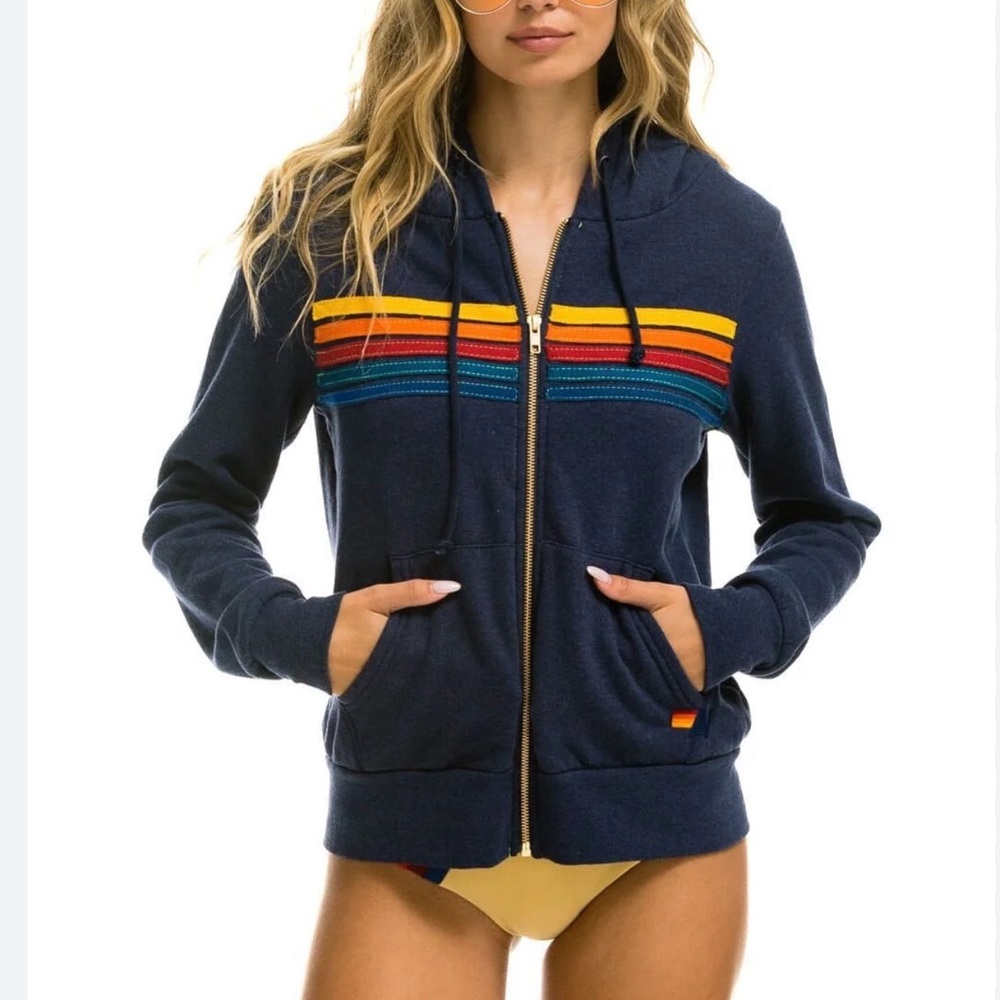 Rare Fleeced Lined Aviator Nation Navy 5 Stripe Hoodie - Picture 1 of 8